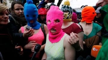 Pussy Riot being interviewed by reporters